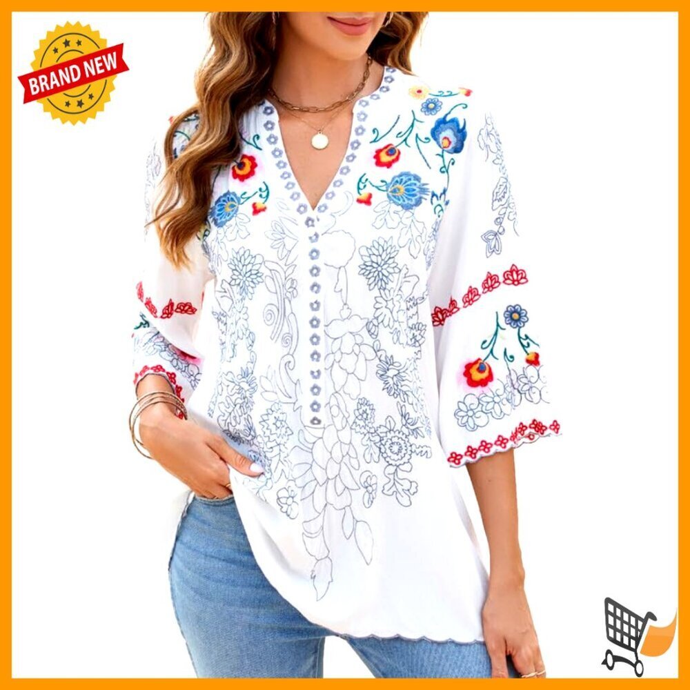 Embroidered Cotton Tunic 3/4 Sleeve V Neck Boho Blouse Summer Top